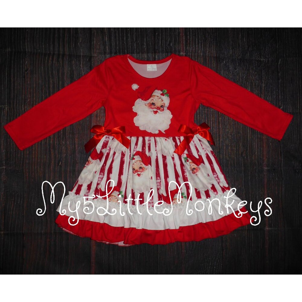 Boutique Christmas Santa Girls Long Sleeve Ruffle Dress